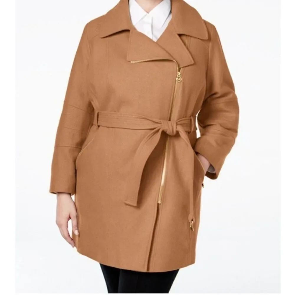 Michael Michael Kors Asymmetrical Trench Belted Wrap Camel Wool Walker Coat 2X